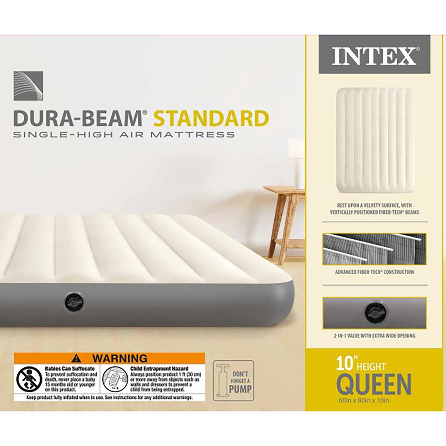 INTEX 64103E Dura-Beam Standard Single-High Air Mattress: Fiber-Tech – Queen Size – 10in Bed Height – 600lb Weight Capacity – Pump Sold Separately