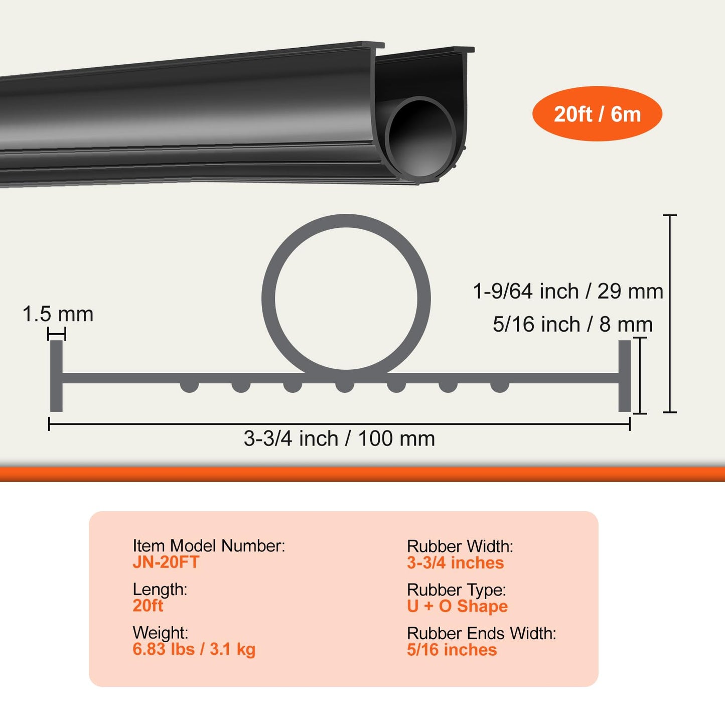VEVOR Garage Door Seals Bottom Rubber, U Shape +O Ring Combination Garage Door Bottom Weather Seal, 20ft Weatherproofing Garage Door Seal, 5/16 inch T-ends and 3 3/4 inch Width, for Doors, Black VEVOR