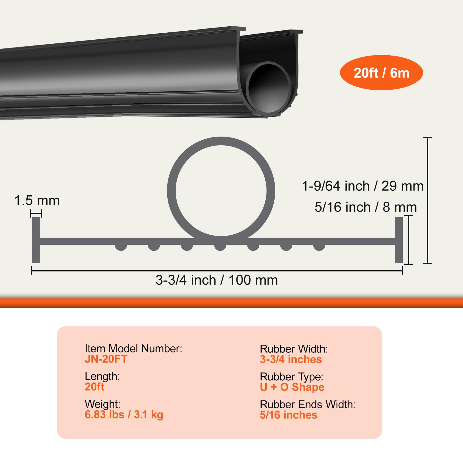 VEVOR Garage Door Seals Bottom Rubber, U Shape +O Ring Combination Garage Door Bottom Weather Seal, 20ft Weatherproofing Garage Door Seal, 5/16 inch T-ends and 3 3/4 inch Width, for Doors, Black VEVOR