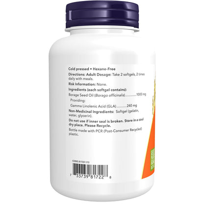 NOW Supplements, Borage Oil 1000 mg with 240mg of GLA (Gamma Linolenic Acid), 120 Softgels