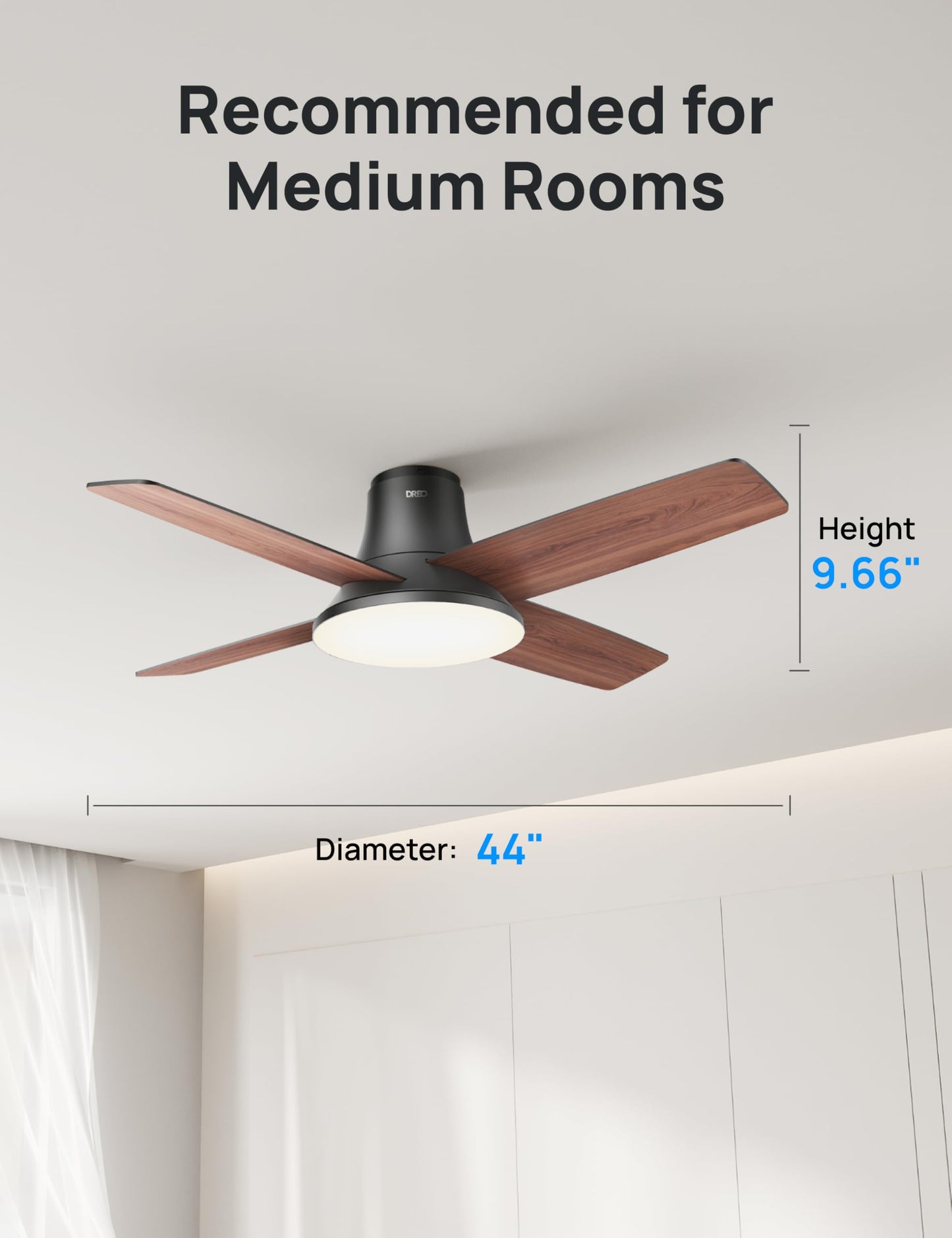 Dreo Ceiling Fans with Lights, 12 Speeds & 3 Fan Modes, Quiet DC Motor, Low Profile Easy to Install, Flush Mount Smart Ceiling Fan with Dimmable LED, 12H Timer for Bedroom, Remote, Black, 44'' DREO