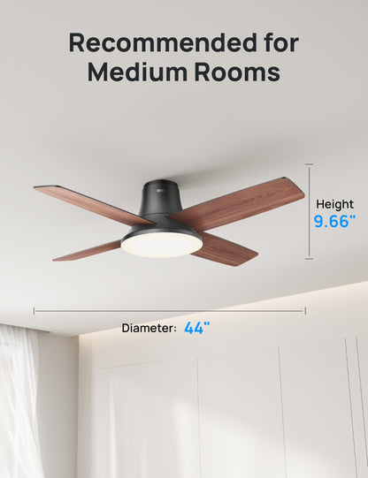 Dreo Ceiling Fans with Lights, 12 Speeds & 3 Fan Modes, Quiet DC Motor, Low Profile Easy to Install, Flush Mount Smart Ceiling Fan with Dimmable LED, 12H Timer for Bedroom, Remote, Black, 44'' DREO