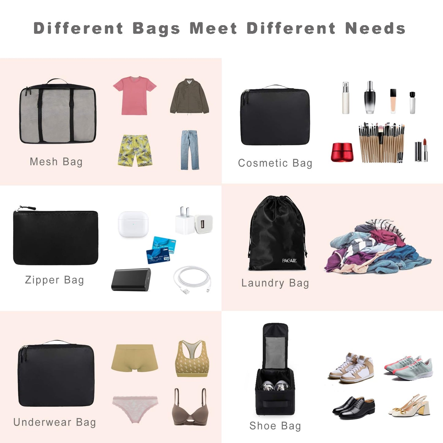 BAGAIL 8 Set Packing Cubes, Lightweight Travel Luggage Organizers with Shoe Bag, Toiletry Bag & Laundry Bag (Jet Black)