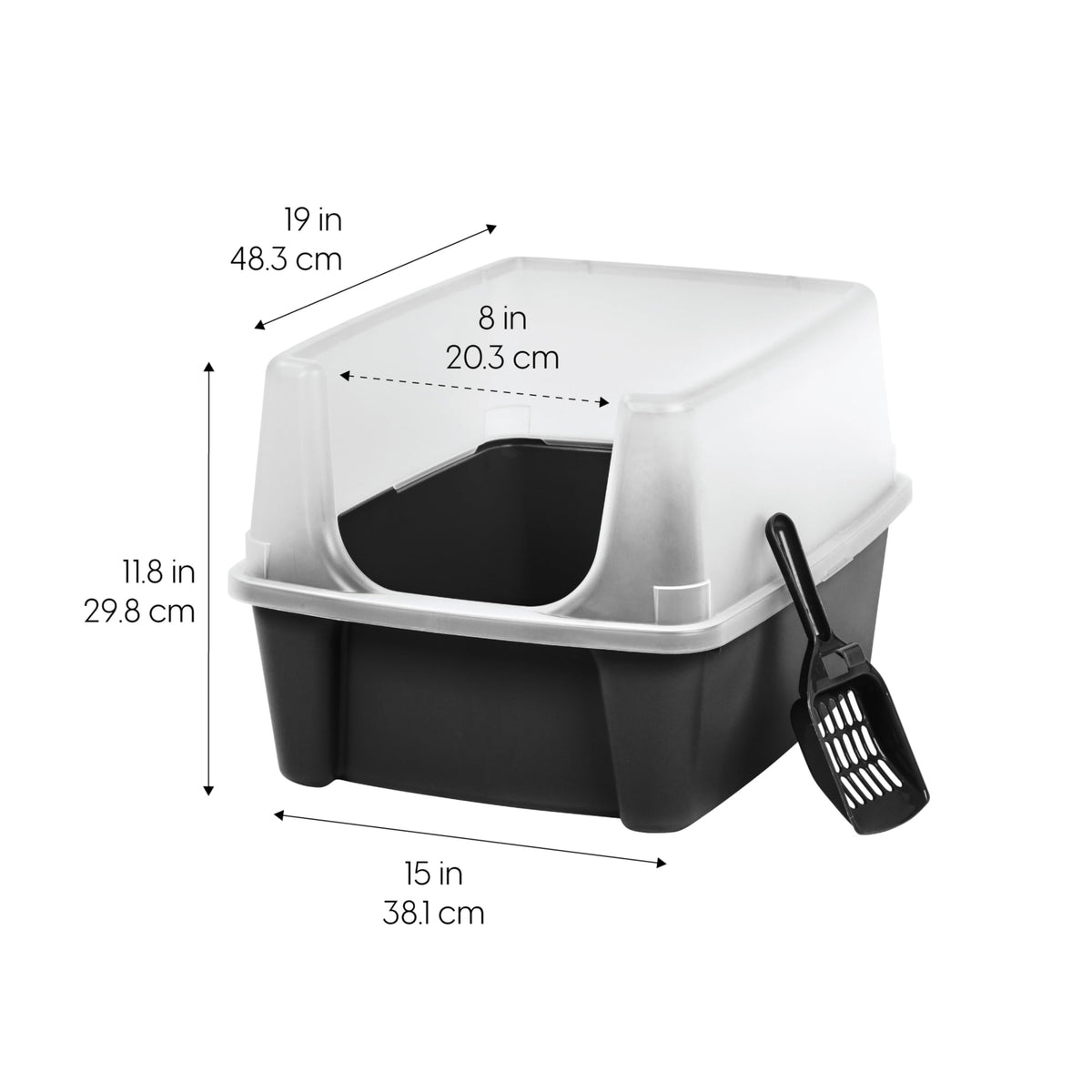 IRIS USA Large Cat Litter Box, Open Top High Sided Pan with Scoop, Black