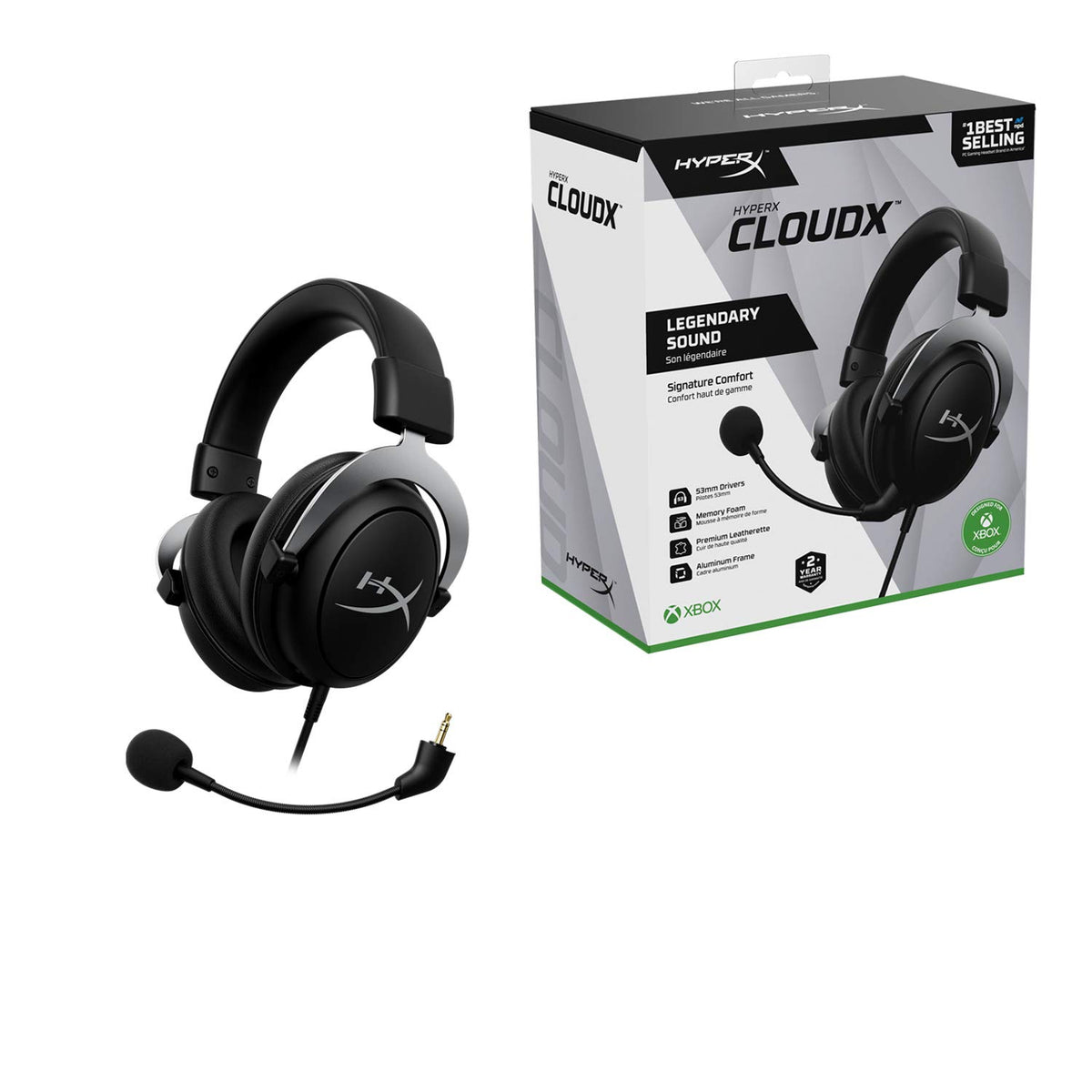 HyperX CloudX, Official Xbox Licensed Gaming Headset, Compatible with Xbox One and Series X|S, Memory Foam Ear Cushions, Detachable Noise-Cancelling Mic, in-line Audio Controls,Black/Silver