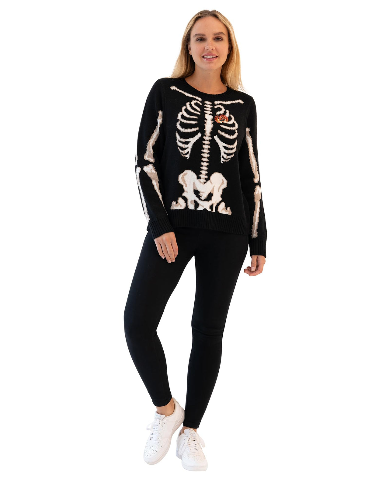 Blizzard Bay Women's Halloween Crew Neck, Long Sleeve, Sweater, Black Skeleton, Small