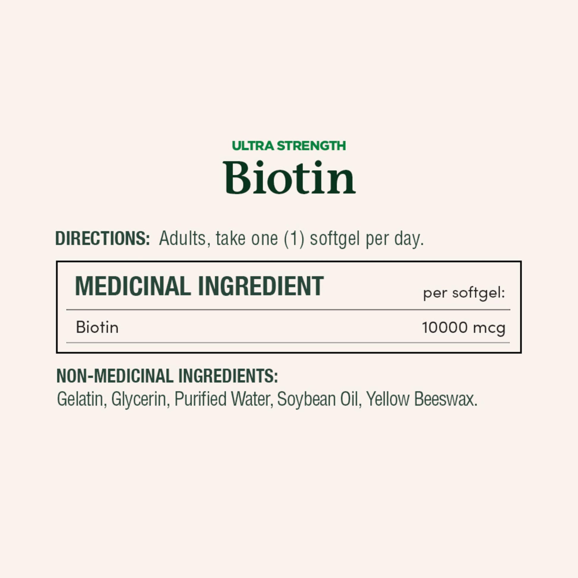 NATURE'S BOUNTY Biotin, Ultra Strength, 10,000 mcg, Promotes Hair Growth, Thicker Healthier Nails, Stronger Thicker Hair & Healthier Skin, Helps Metabolize Nutrients, Softgels, 55.4 g - Available at All In One Marketplace Canada