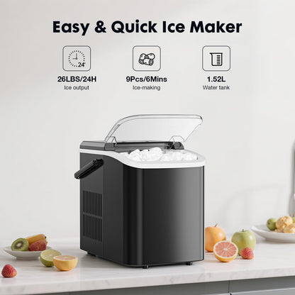 Sweetcrispy Quiet Countertop Ice Maker, 26 lbs per Day, 9 Bullet Ice Cubes in 6 Mins, Portable Ice Machine with Handle, Self-Cleaning, Compact for Home RV Camping Party, Dark Black Sweetcrispy