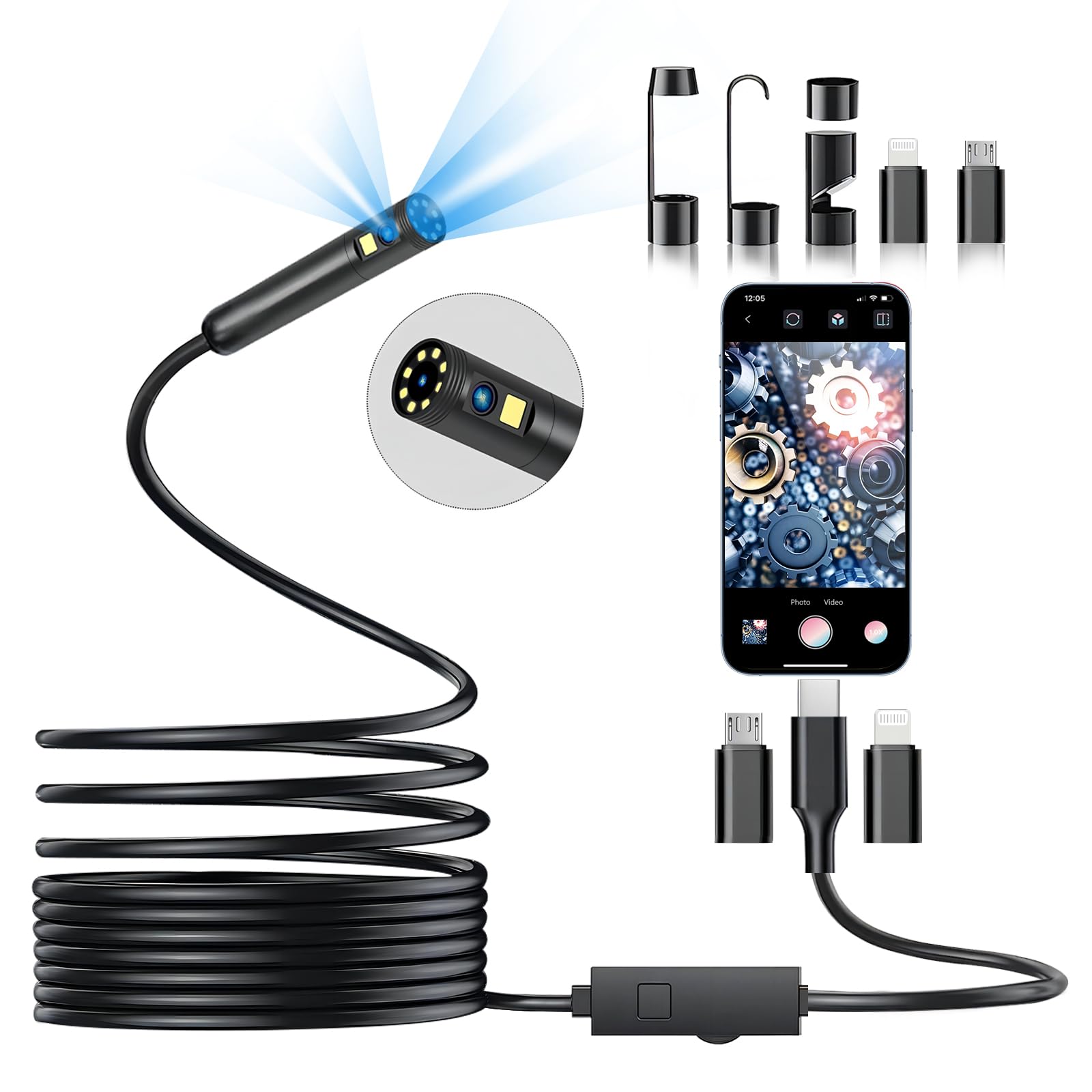 Dual Lens Endoscope Camera with Light, DPduct 1920P HD Borescope Inspection with 8+1 Lights, 7.9mm IP67 Waterproof 16.4ft Semi-Rigid Cable Snake Camera for Android and iOS,iPhone,iPad