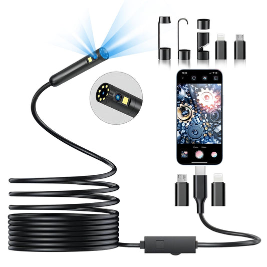 Dual Lens Endoscope Camera with Light, DPduct 1920P HD Borescope Inspection with 8+1 Lights, 7.9mm IP67 Waterproof 16.4ft Semi-Rigid Cable Snake Camera for Android and iOS,iPhone,iPad