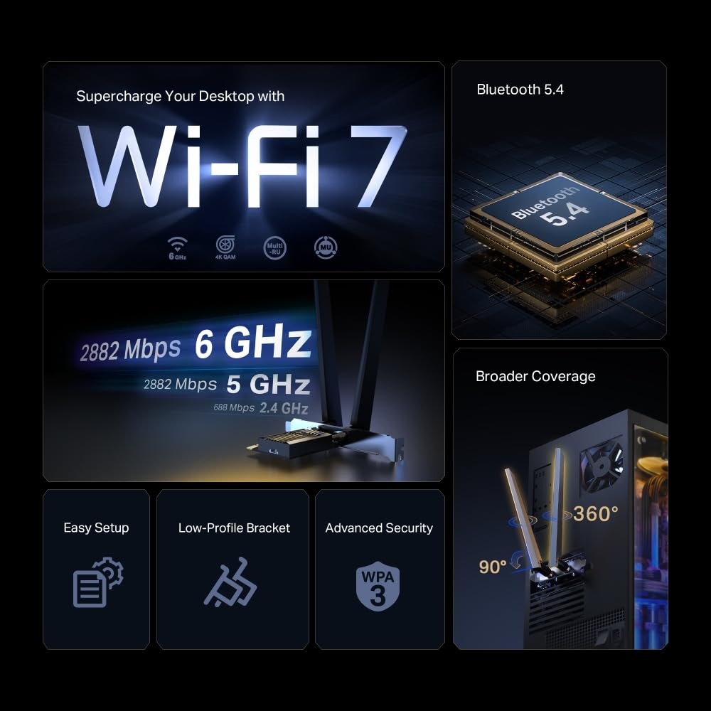 TP-Link Wi-Fi 7 BE6500 PCIe WiFi Card for Desktop PC (Archer TBE400E) - Bluetooth 5.4, WPA3,Tri-Band 2882 Mbps,Multi-Directional Antennas, and USB Drive for Fast Installation (Windows 11 Only) 🍁 All In One Marketplace Canada
