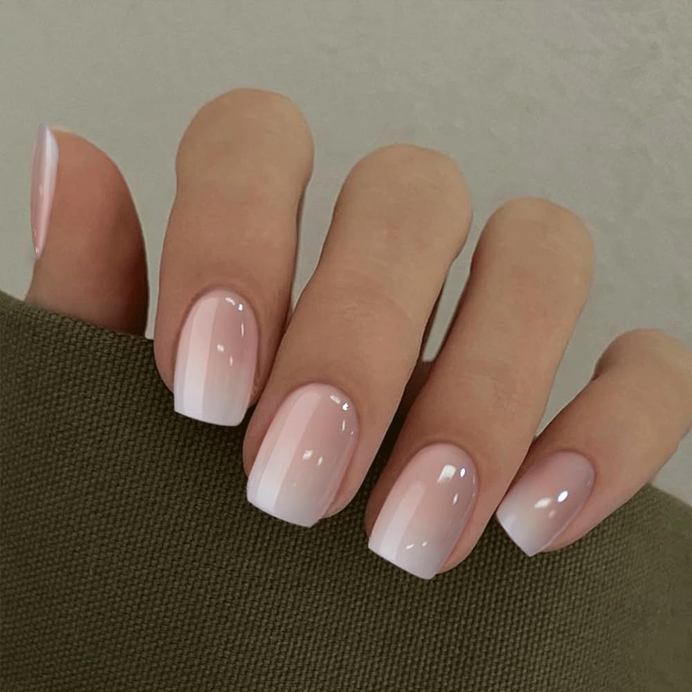 Curvlife 30pcs Short Press On Nails, Shining Stick on Fake Nails Design Glossy Acrylic Nails Tips Glue on Square Press on Nails For Women False Nail Kit With Nail Glue (French Gradient Pink) - Available at All In One Marketplace Canada