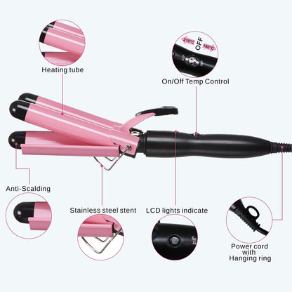 3 Barrel Curling iron Hair Waver, TOP4EVER 25mm Professional Ceramic Hair Curler with Two Temperature Control, Fast Heating 1inch Triple Barrel Crimper Wand for Waving Hair