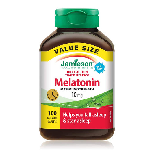 Jamieson Melatonin 10 mg Maximum Strength, 100 Bi-Layer Caplets, Dual-Action Timed Released, Improves Sleep Quality and Duration, Helps Reset the Body's Sleep-Wake Cycle. Vegetarian, Proudly Canadian
