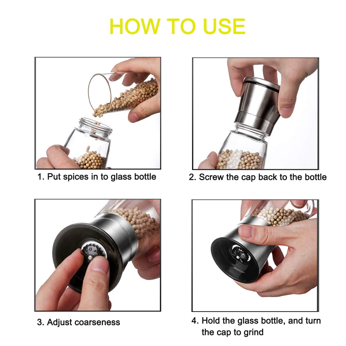 Pepper Grinder or Salt Grinder, Best Spice Mill with Ceramic Blades, Adjustable Coarseness, Brushed Stainless Steel Cap, and Refillable Tall Glass Body with 6OZ Capacity (7.5") - Available at All In One Marketplace Canada