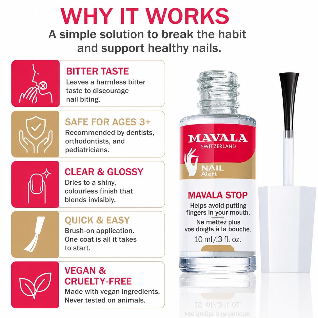 Mavala Stop Nail Biting Polish, No more putting Fingers in your Mouth, for Adults and Children, Invisible, Safe, and Bitter, 100% Made in Switzerland, Natural Ingredients, Cruetly Free, Vegan, 10 ml - Available at All In One Marketplace Canada