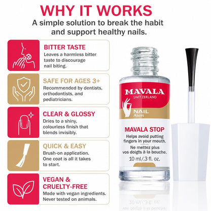 Mavala Stop Nail Biting Polish, No more putting Fingers in your Mouth, for Adults and Children, Invisible, Safe, and Bitter, 100% Made in Switzerland, Natural Ingredients, Cruetly Free, Vegan, 10 ml - Available at All In One Marketplace Canada