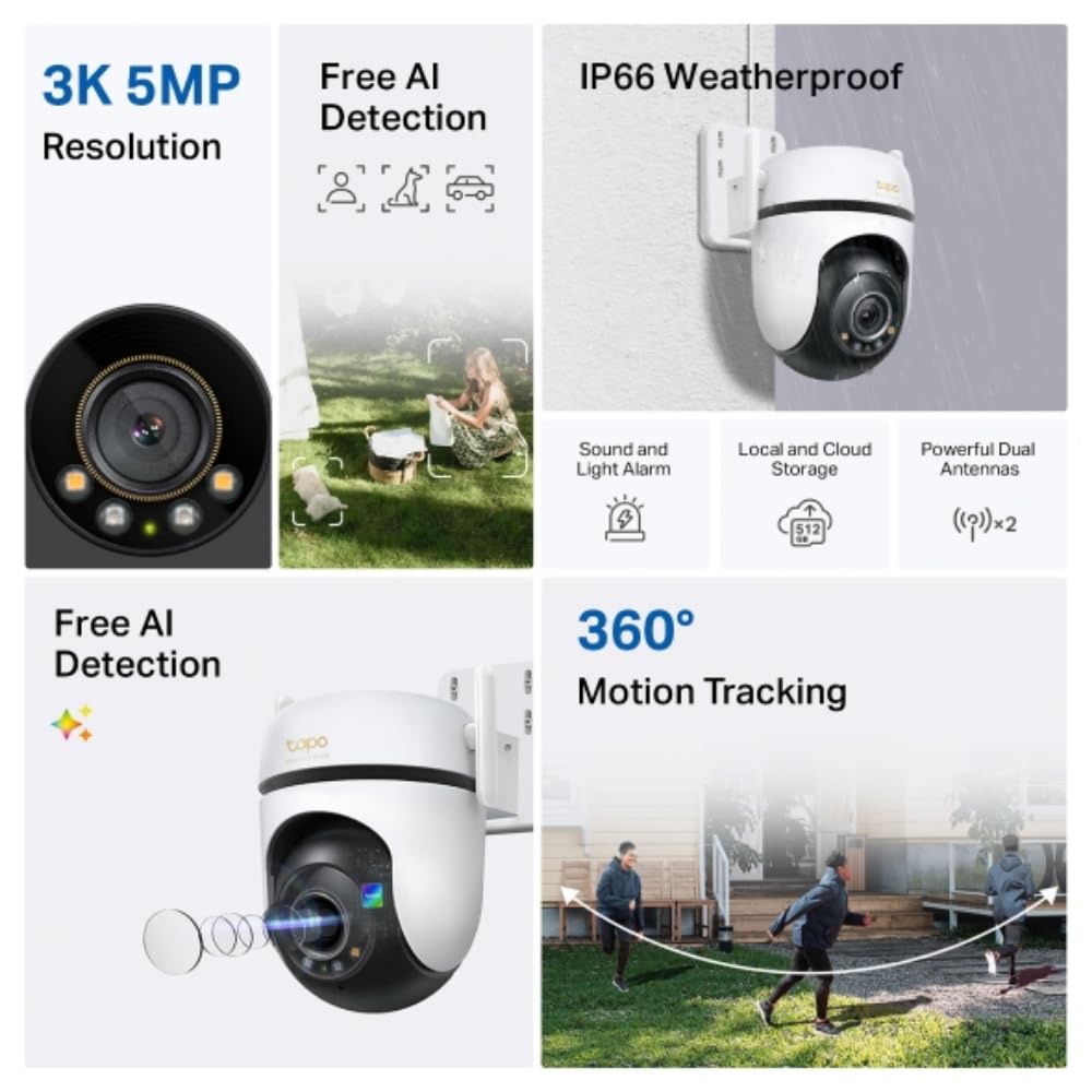 TP-Link Tapo 3K 5MP Pan/Tilt Outdoor Wired Security Wi-Fi Camera, 360° Visual Coverage, Starlight Full-Color Night Vision Up to 98ft, Person/Pet/Venicle Detection,Physical Privacy Mode (Tapo C530WS)