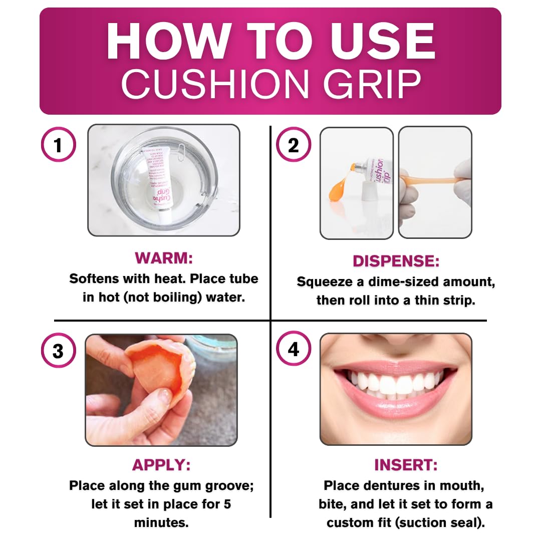 Cushion Grip Thermoplastic Denture Adhesive – Refits & Tightens Loose Dentures, Works Like a Denture Reliner for a Long-Lasting, Secure Fit, Cushions Gums, Waterproof & Zinc-Free - 1 oz - Available at All In One Marketplace Canada