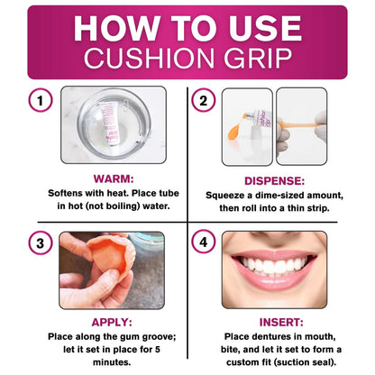 Cushion Grip Thermoplastic Denture Adhesive – Refits & Tightens Loose Dentures, Works Like a Denture Reliner for a Long-Lasting, Secure Fit, Cushions Gums, Waterproof & Zinc-Free - 1 oz - Available at All In One Marketplace Canada