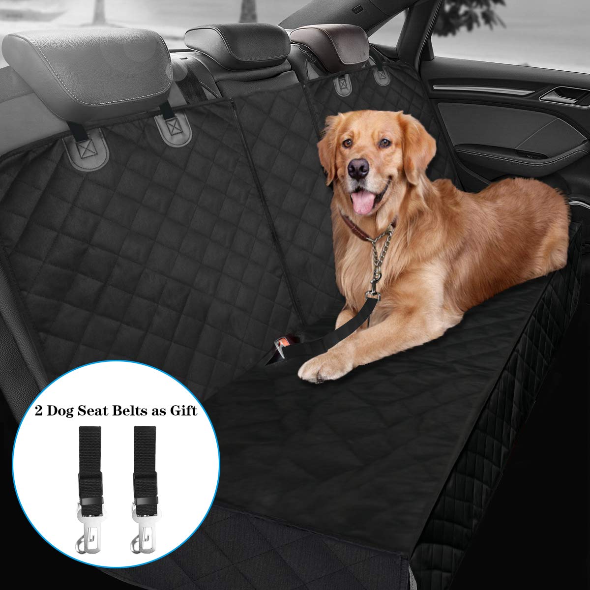 Portin Dog Car Seat Covers Pet Seat Cover, Waterproof Nonslip Bench Rear Seat Cover Compatible for Middle Seat Belt Fits Most Cars Trucks and SUVs MPVs (Black-Standard Size, 53in Wide)