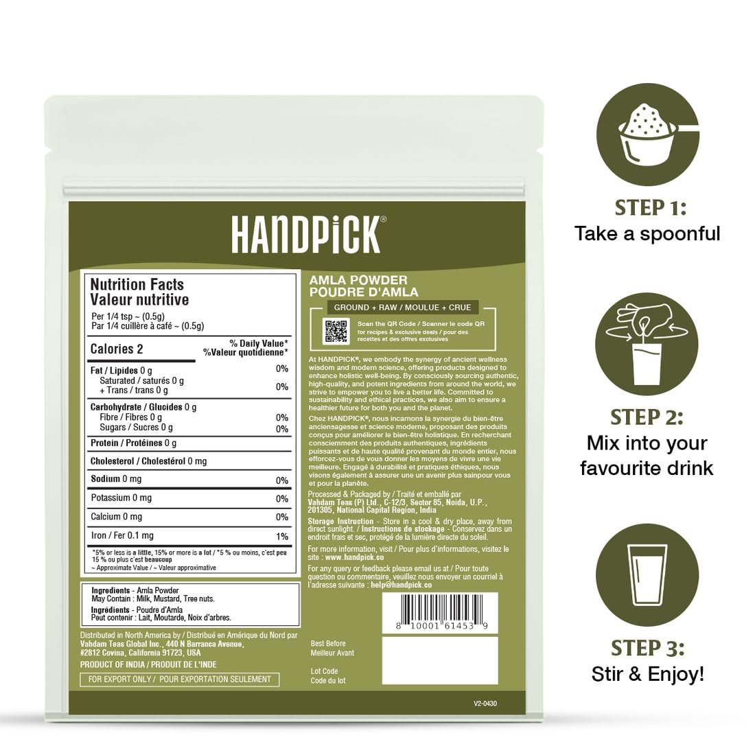 HANDPICK, Amla Powder (397gm/14oz) Halal Amalaki, Non-GMO | 100% Raw and Natural - Lab Tested for Purity | Indian Gooseberry Powder | Resealable Zip Lock Pouch