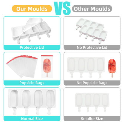 Popsicle Molds 2Pcs, Silicone Ice Cream Molds ice Lolly Moulds with Lid, 100 Sticks and 50 Bags for Ice Pop Cakesicle Dessert, BPA Free - Available at All In One Marketplace Canada
