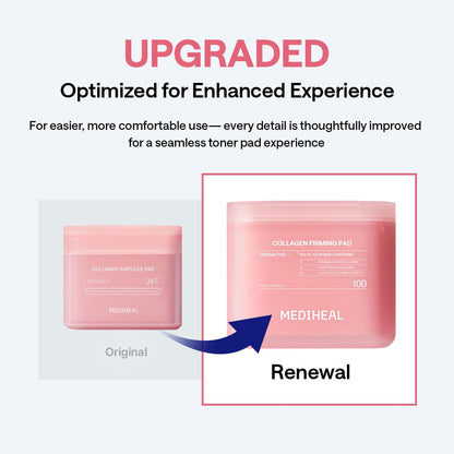 MEDIHEAL Collagen Firming Toner Pad – Korean Skincare, 98% Vegan Collagen with Retinol & 7 Peptides, Firming, Plumping & Wrinkle Care, Micro-Hole Fabric, 100 Pads