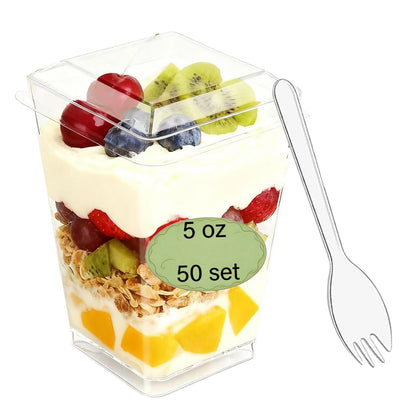 Toowood 50pcs Clear Dessert Cups with Lids and Spoons, 5.4oz Dessert Cups, Mini Cups Reusable Square Parfait Cup for Party Appertizer, Christmas 🍁 All In One Marketplace Canada