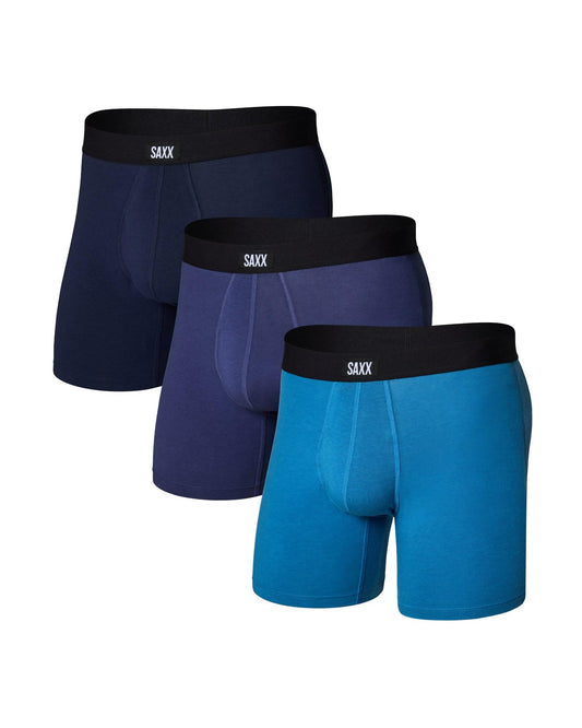 SAXX Underwear Co. Men's Core Cotton Boxer Brief Fly 3-Pack, Lake Blue/Deep Cobalt/Navy, Large