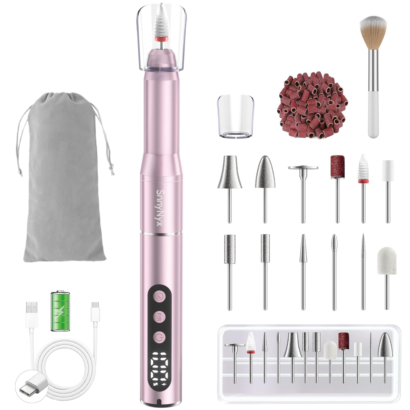 SnnyNyx Cordless Electric Nail Drill 35000 RPM, Professional Nail File Kit with LCD Display, 12 Bits & 36 Sanding Bands, Rechargeable Manicure Pedicure Kit for Acrylic Gel Nails, Salon & Home Use(Rose Gold) - Available at All In One Marketplace Canada