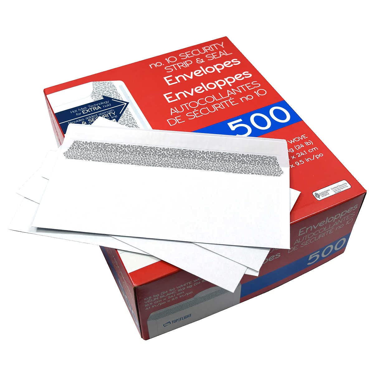 Top Flight PSTF10NWT #10 Envelopes, Strip & Seal, Security Tinted, White Paper, 24 lb, 500 Count Top Flight