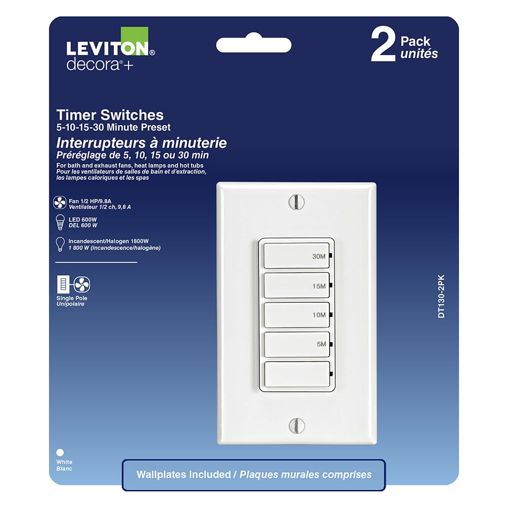 Leviton 2-Pack Countdown Timer Switch for Bathroom Fan and Household Lights, 5-10-15-30 min, No Neutral Required, Single Pole, 15A, 1/2HP/9.8A Fan/Motor, DT130-1LW, White 🍁 All In One Marketplace Canada