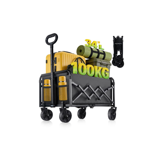 100KG Collapsible Foldable Wagon Carts - Heavy Duty Portable Folding Utility Wagons with All-Terrain Wheels for Grocery Sports Shopping Camping Garden Beach, 2 Drink Holders/Lightweight/Black - Available at All In One Marketplace Canada