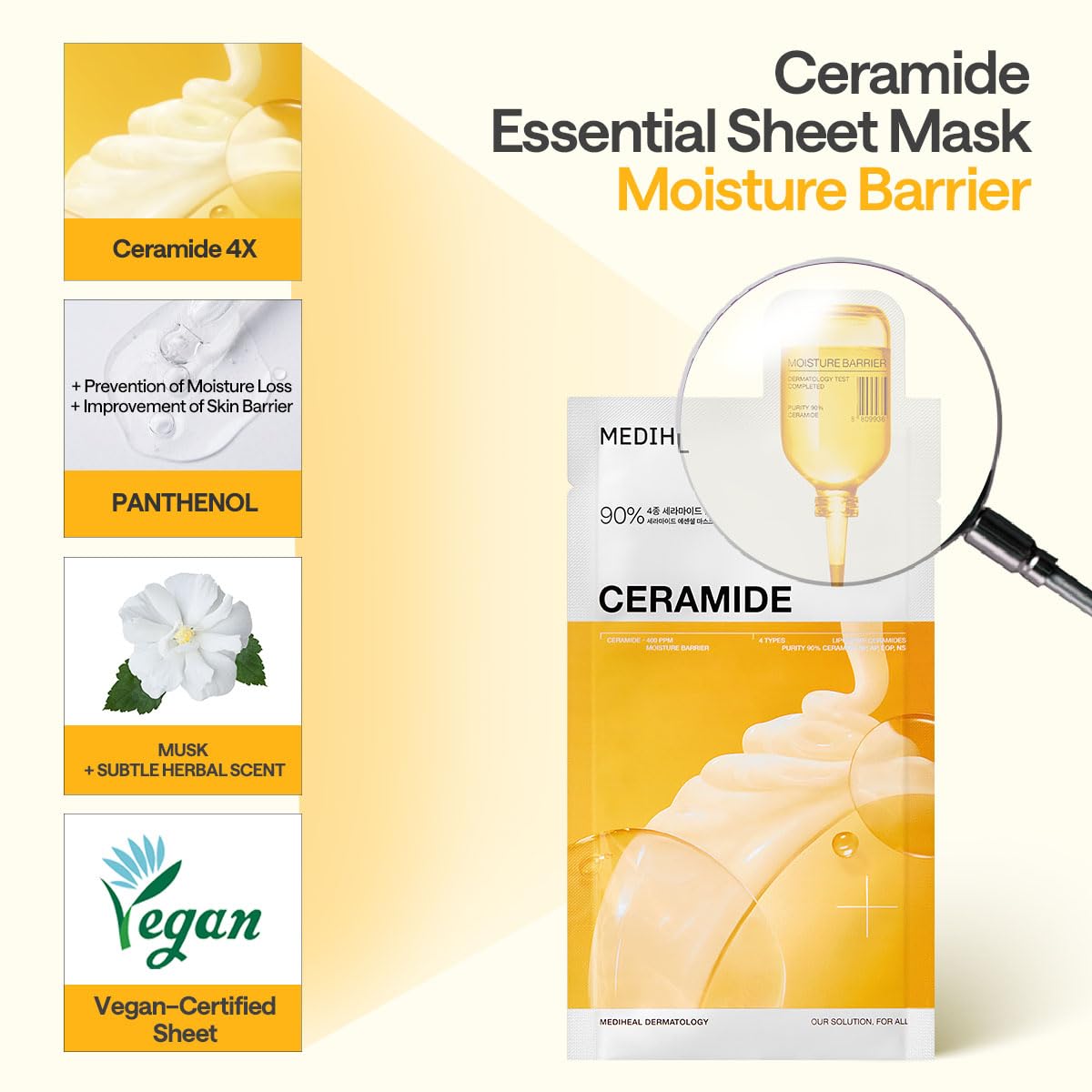 MEDIHEAL Ceramide Essential Face Mask - Moisturizing, Barrier Repair with Panthenol & Adenosine for Intense Hydration for Dry & Sensitive Skin, Face Mask for Women, Vegan, Korean Skincare (10 Sheets)