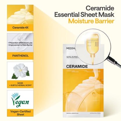 MEDIHEAL Ceramide Essential Face Mask - Moisturizing, Barrier Repair with Panthenol & Adenosine for Intense Hydration for Dry & Sensitive Skin, Face Mask for Women, Vegan, Korean Skincare (10 Sheets)