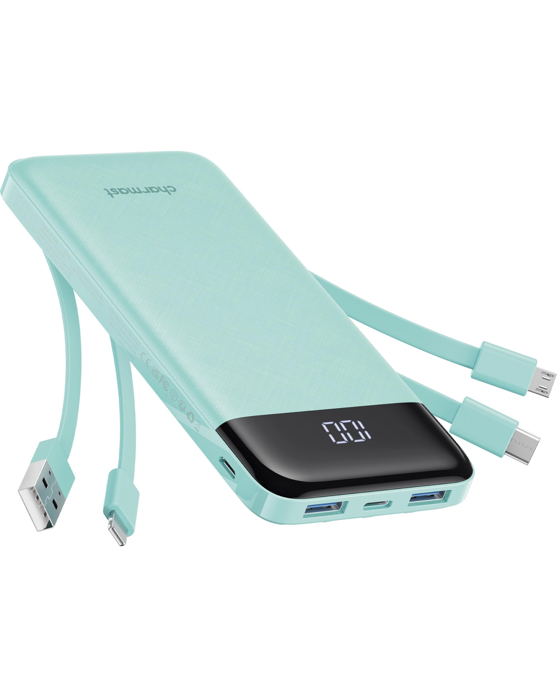 Charmast Portable Charger with Built in Cables, Power Bank with Cords Wires, Slim 10000mAh Travel Battery Pack 6 Outputs 3 Inputs 3A Fast Charging for Samsung Google Pixel LG Moto iPhone iPad - Available at All In One Marketplace Canada