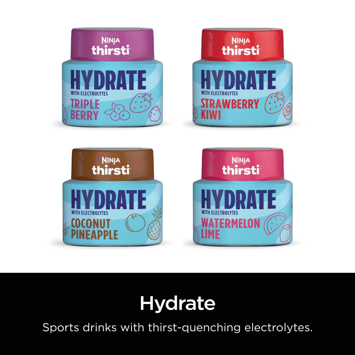 Ninja Thirsti HYDRATE Strawberry Kiwi Flavoured Water Drops with electrolytes and contain 0 calories*, 0 sugar* (*per 12oz classic serving). . Turn water into refreshing fruit-flavoured sparkling or still drinks with Ninja Thirsti Hydrate Flavoured Water Ninja