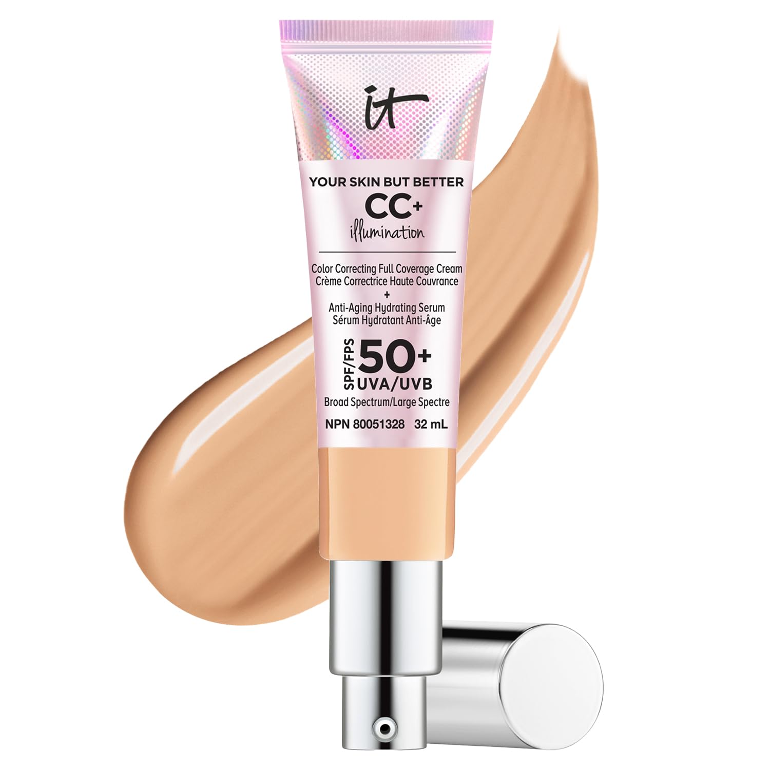 IT Cosmetics Your Skin But Better CC+ Cream Illumination, Natural Medium (W) - Color Correcting Cream, Full-Coverage Foundation, Anti-Aging Serum & SPF 50+ Sunscreen - Radiant Finish - 1.08 fl oz IT Cosmetics