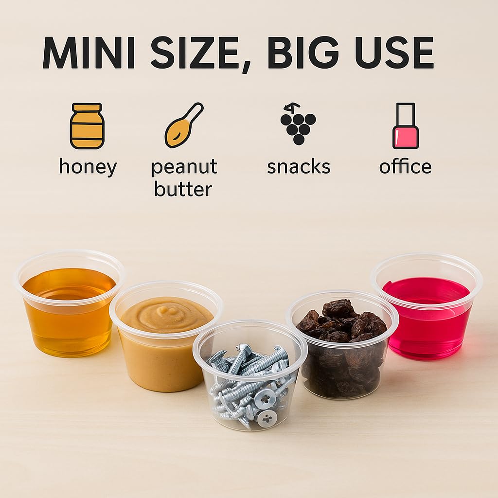 1 oz Portion Cups with Lids, 200 Sets Disposable Souffle Cups, Leak-Proof Jello Shot Cups, Clear Condiment Containers for Sauce, Dressing & Food Storage, Freezer Safe