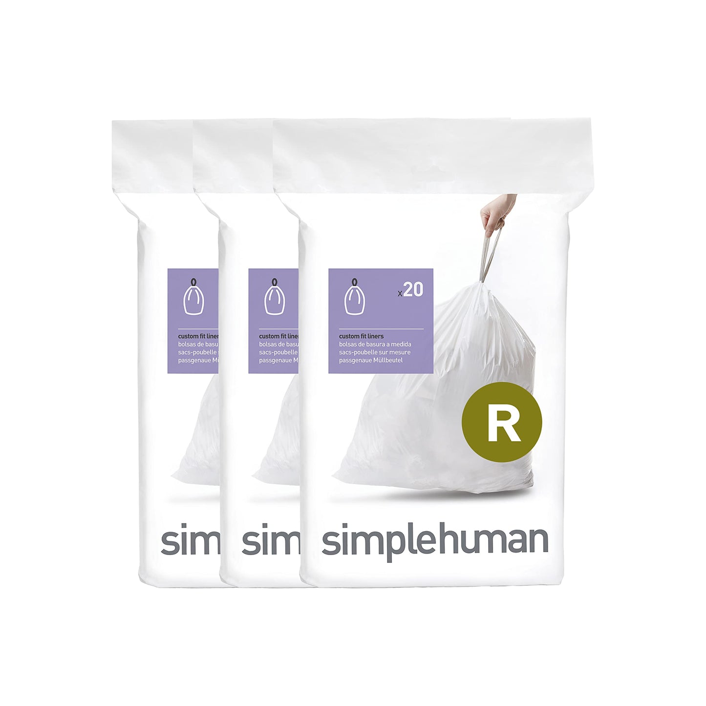 simplehuman Code R 60 Count, Dispenser Pack Custom Fit Liners, Drawstring Trash Bags, 10L / 2.6 Gallons, White simplehuman