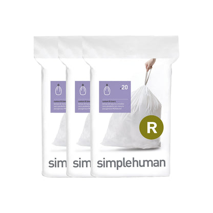 simplehuman Code R 60 Count, Dispenser Pack Custom Fit Liners, Drawstring Trash Bags, 10L / 2.6 Gallons, White simplehuman