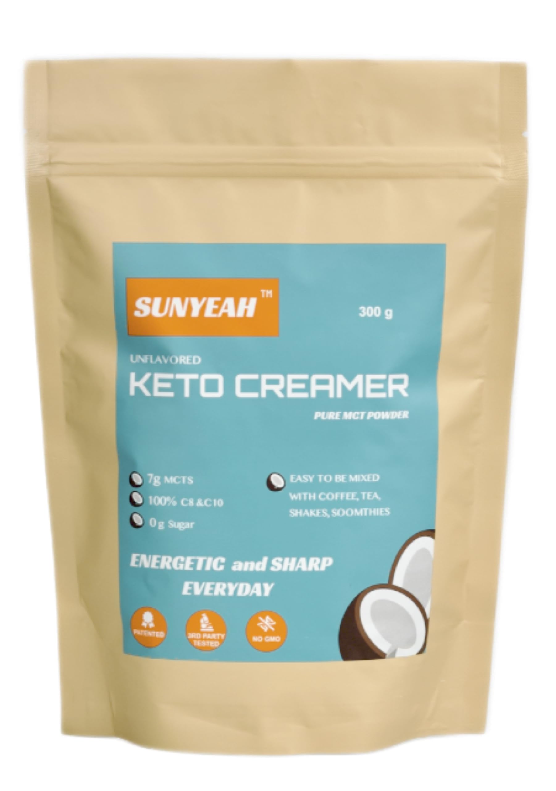 SUNYEAH MCT Oil Powder – C8 C10 Coconut-Based Creamer, 300g, 70% MCT Content, Keto & Paleo Friendly, Unflavored, Non-GMO