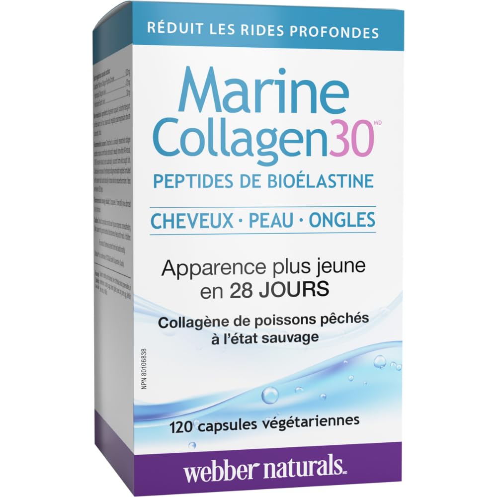 Webber Naturals Collagen30 Marine Bioelastin Peptides, 500 mg of Collactive Marine Collagen Peptide Complex Per Pill, 120 Capsules, Helps Reduce Deep Wrinkles and Joint Pain - Available at All In One Marketplace Canada