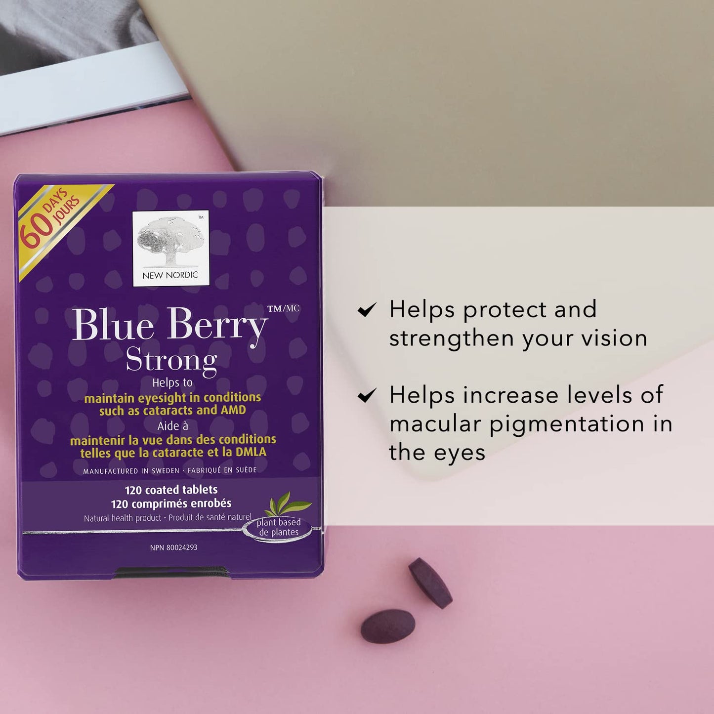 New Nordic Blue Berry Strong 120 Coated Tablets, 60-Day Supply, Vegan Eye Support Supplement with Bilberry & Lutein for Clear Vision & Macular Health - Available at All In One Marketplace Canada