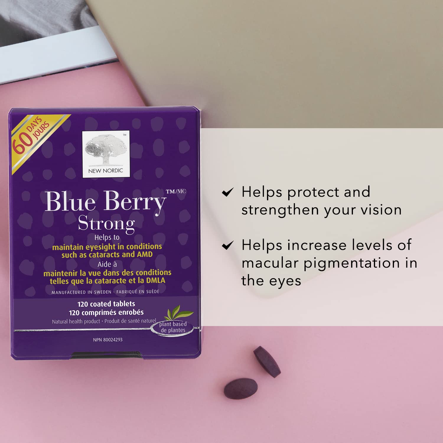 New Nordic Blue Berry Strong 120 Coated Tablets, 60-Day Supply, Vegan Eye Support Supplement with Bilberry & Lutein for Clear Vision & Macular Health - Available at All In One Marketplace Canada