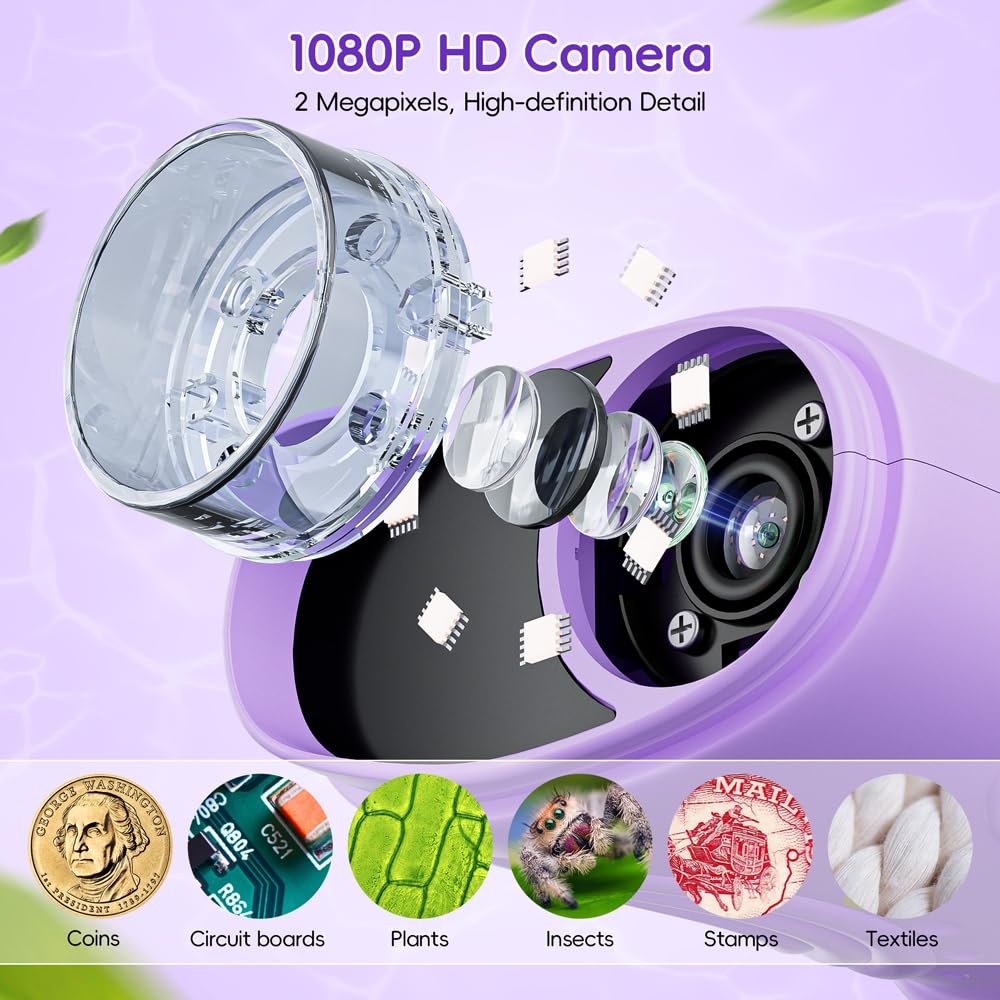 Temodu Kids Microscope 2.0" Screen 1000X Digital Microscope for Kids, Mini Pocket Handheld Microscopes for Children Birthday Festival Gift, Science Education Fun Toys for Boys Girls Ages 4-12 (Purple)