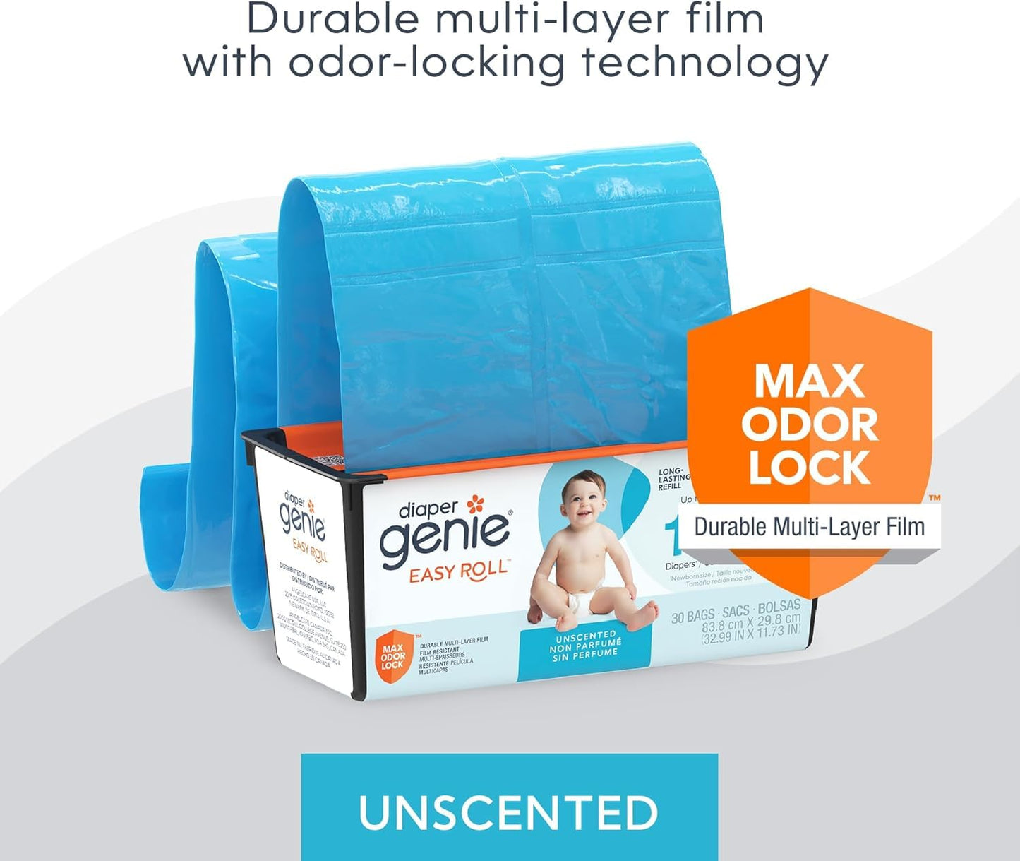 Diaper Genie Easy Roll Refill with 30 Bags - Refill for Diaper Genie Signature, Platinum, Essence Pails - Holds up to 1,410 Newborn Diapers, Blue, 1-Pack