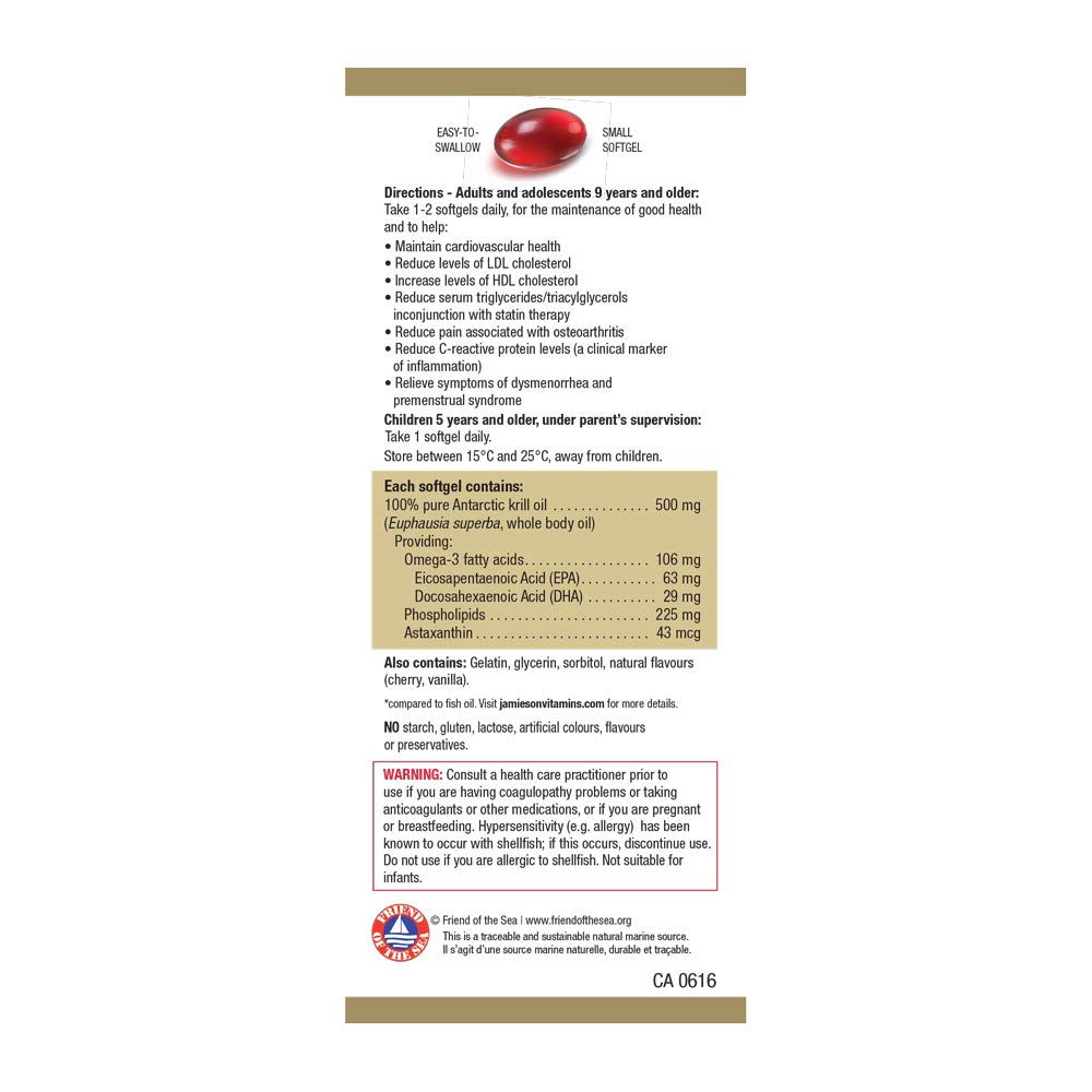 Jamieson Omega Complete Pure Krill Oil 500 mg, 100 Softgels, No Fishy Aftertaste, Supports Heart Health, and Provides Superior Absorption. With Antarctic Krill Oil. Proudly Canadian Jamieson