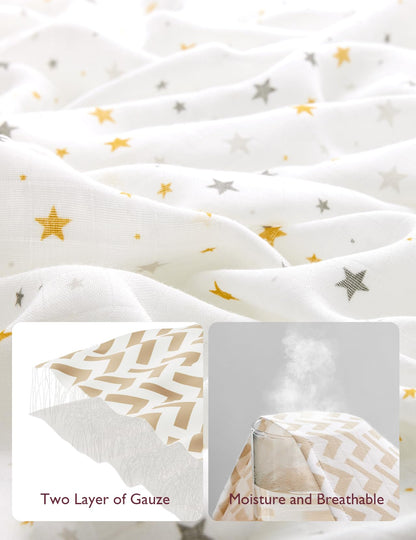 Momcozy Muslin Swaddle Blanket, 4 Pack Ultra Soft Neutral Swaddle Blankets, Breathable Large 47'' x 47'' Baby Infant Newborn Essentials, Boys Girls Receiving Blanket, Beige Star